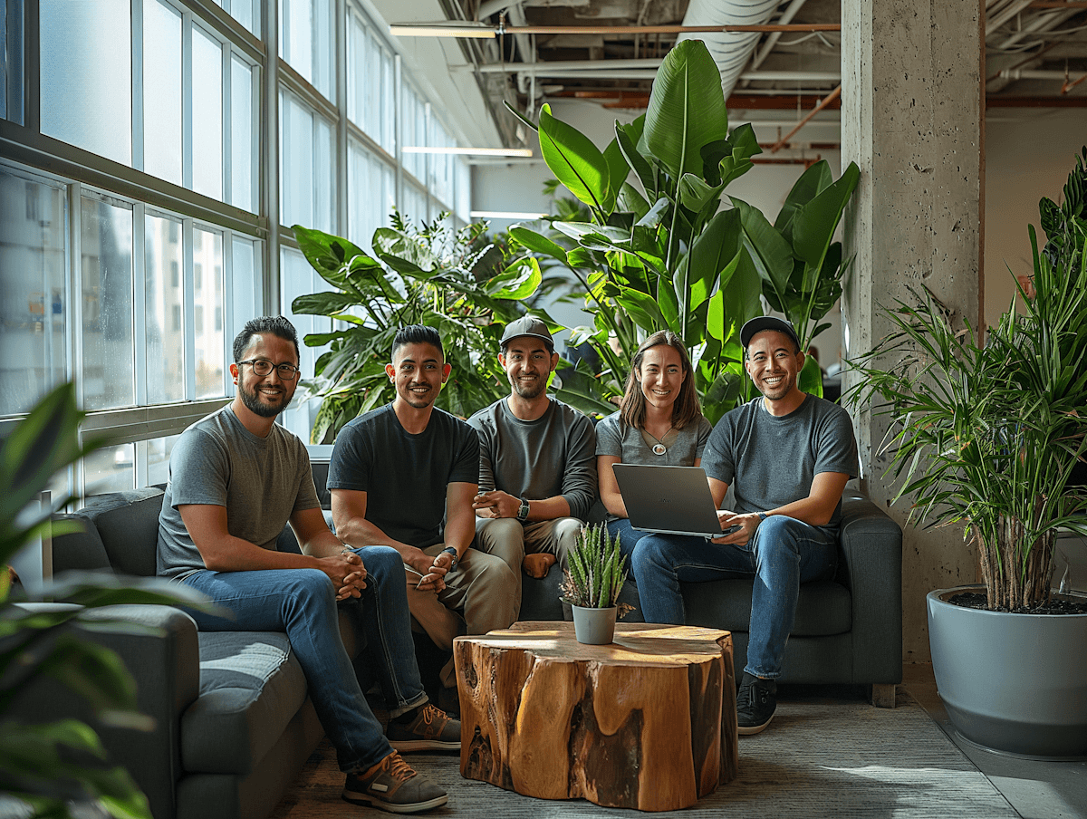 The team sitting together on a couch in a plant-filled workspace