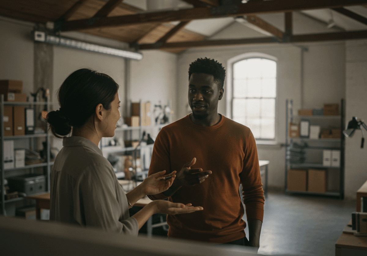 Two people working through a problem in a workshop space